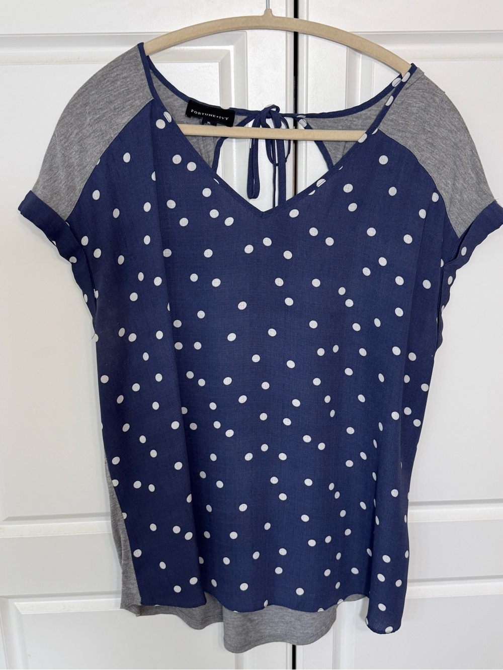 Polka Dot Navy and Gray Tie-Back V-Neck Tunic